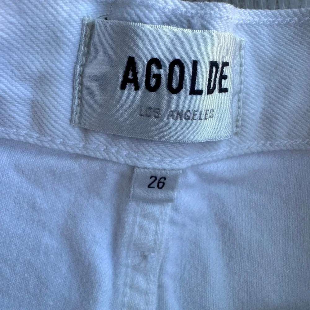 AGOLDE White High Rise Denim Shorts Size 26 Button Fly Raw Hem Parker Long